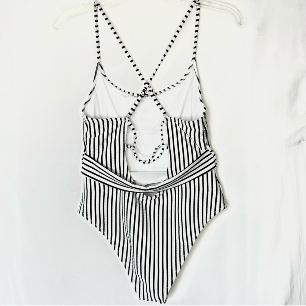 Shade & Shore Striped One Piece Swimsuit L Black White Slimming High Cut - Picture 2 of 5